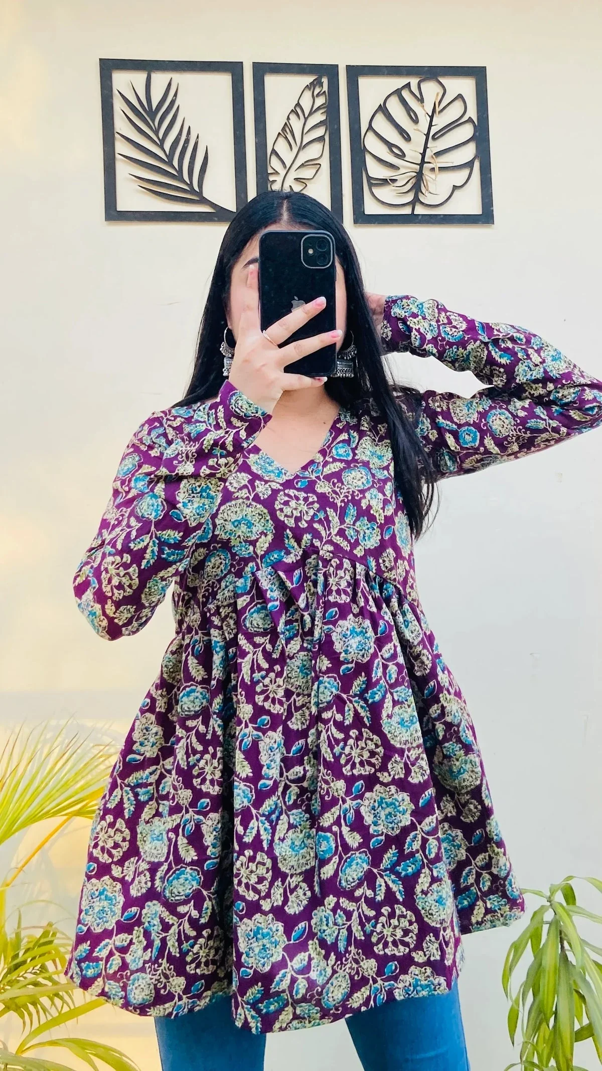 Cotton Wine Flared Floral Print Aliacut Peplum Top - Image 4