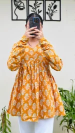 Cotton Flared Yellow Aliacut Floral Print Peplum Top - Image 5