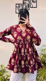 Cotton Maroon Flared Printed Aliacut Peplum Top - Image 3