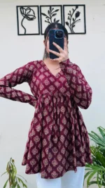 Cotton Flared Maroon Aliacut Ajarakh Print Peplum Top