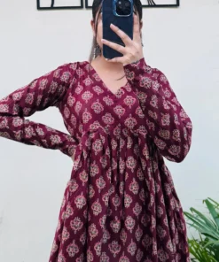 Cotton Flared Maroon Aliacut Ajarakh Print Peplum Top