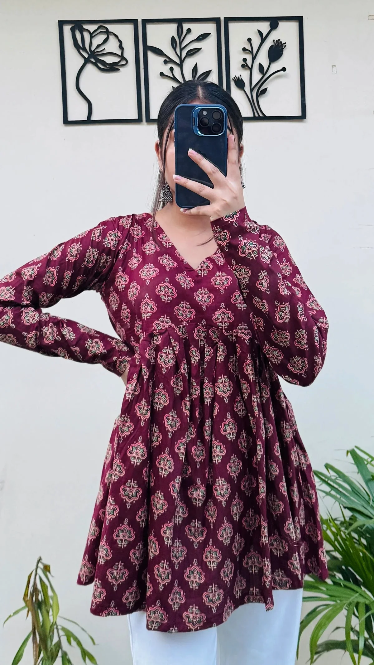 rn-image_picker_lib_temp_1606a6a3-f7f9-4631-a010-38a995ffd918.webp Cotton Flared Maroon Aliacut Ajarakh Print Peplum Top - Image 1