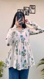 Cotton White Flared Printed Aliacut Peplum Top - Image 3