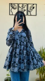 Cotton Black Flared Printed Aliacut Peplum Top