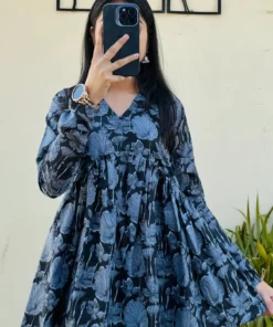 Cotton Black Flared Printed Aliacut Peplum Top