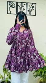 Cotton Wine Flared Floral Print Aliacut Peplum Top - Image 3