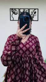 Cotton Flared Maroon Aliacut Ajarakh Print Peplum Top - Image 6