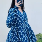 Cotton Blue Flared Printed Aliacut Peplum Top