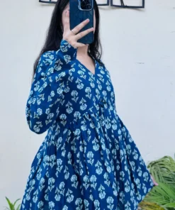 Cotton Blue Flared Printed Aliacut Peplum Top