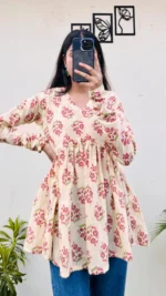 Cotton Cream Flared Printed Aliacut Peplum Top - Image 4