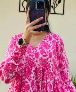 Cotton Katha Pink Printed Flared Peplum Top