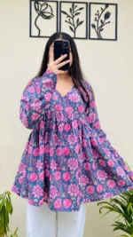 Katha Cotton Blue Katha Flared Floral Print Aliacut Peplum Top - Image 4