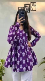 Cotton Wine Flared Printed Aliacut Peplum Top - Image 5