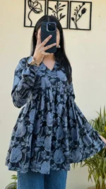 Cotton Black Flared Printed Aliacut Peplum Top - Image 3