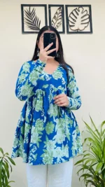 Cotton Flared Blue Printed Aliacut Peplum Top