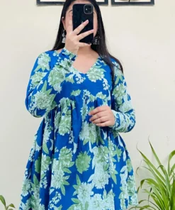 Cotton Flared Blue Printed Aliacut Peplum Top