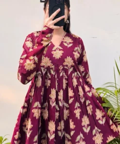 Cotton Maroon Flared Printed Aliacut Peplum Top