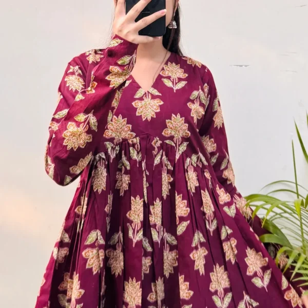 Cotton Maroon Flared Printed Aliacut Peplum Top