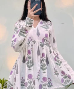 Cotton White Flared Printed Aliacut Peplum Top