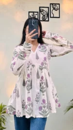 Cotton White Flared Printed Aliacut Peplum Top - Image 2