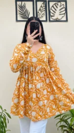 Cotton Yellow Flared Aliacut Floral Print Peplum Top