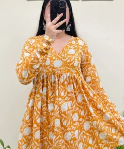 Cotton Yellow Flared Aliacut Floral Print Peplum Top