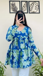 Cotton Flared Blue Printed Aliacut Peplum Top - Image 3