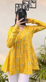 Cotton Yellow Flared Printed Aliacut Peplum Top - Image 4