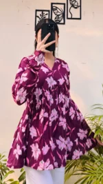 Cotton Wine Flared Printed Aliacut Peplum Top - Image 3