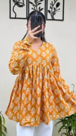 Cotton Flared Yellow Aliacut Floral Print Peplum Top