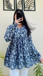 Cotton Blue Flared Printed Aliacut Peplum Top - Image 3