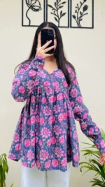 Katha Cotton Blue Katha Flared Floral Print Aliacut Peplum Top