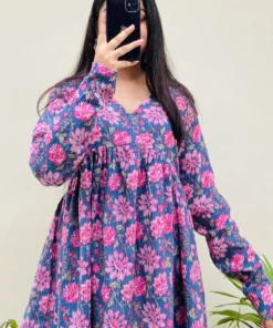 Katha Cotton Blue Katha Flared Floral Print Aliacut Peplum Top