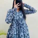 Cotton Blue Flared Printed Aliacut Peplum Top