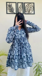 Cotton Blue Flared Printed Aliacut Peplum Top