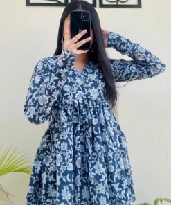 Cotton Blue Flared Printed Aliacut Peplum Top