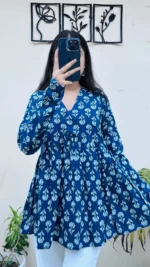 Cotton Blue Flared Printed Aliacut Peplum Top - Image 2