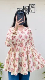 Cotton Cream Flared Printed Aliacut Peplum Top