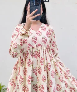 Cotton Cream Flared Printed Aliacut Peplum Top