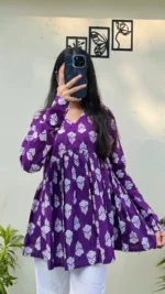 Cotton Wine Flared Printed Aliacut Peplum Top