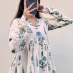 Cotton White Flared Printed Aliacut Peplum Top