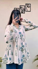 Cotton White Flared Printed Aliacut Peplum Top