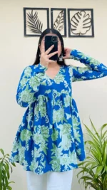 Cotton Flared Blue Printed Aliacut Peplum Top - Image 4