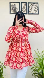 Cotton Flared Red Aliacut Printed Peplum Top - Image 3