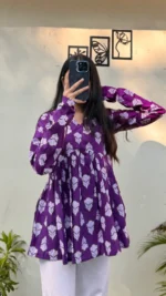 Cotton Wine Flared Printed Aliacut Peplum Top - Image 3