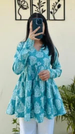 Katha Cotton Blue Flared Floral Print Aliacut Peplum Top - Image 6