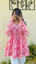 Cotton Katha Peach Printed Aliacut Peplum Top - Image 2