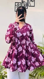 Cotton Wine Flared Printed Aliacut Peplum Top