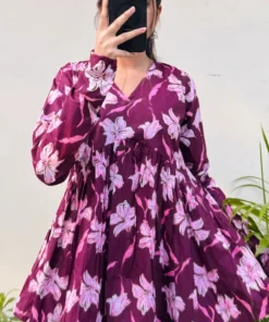 Cotton Wine Flared Printed Aliacut Peplum Top