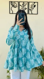 Katha Cotton Blue Flared Floral Print Aliacut Peplum Top